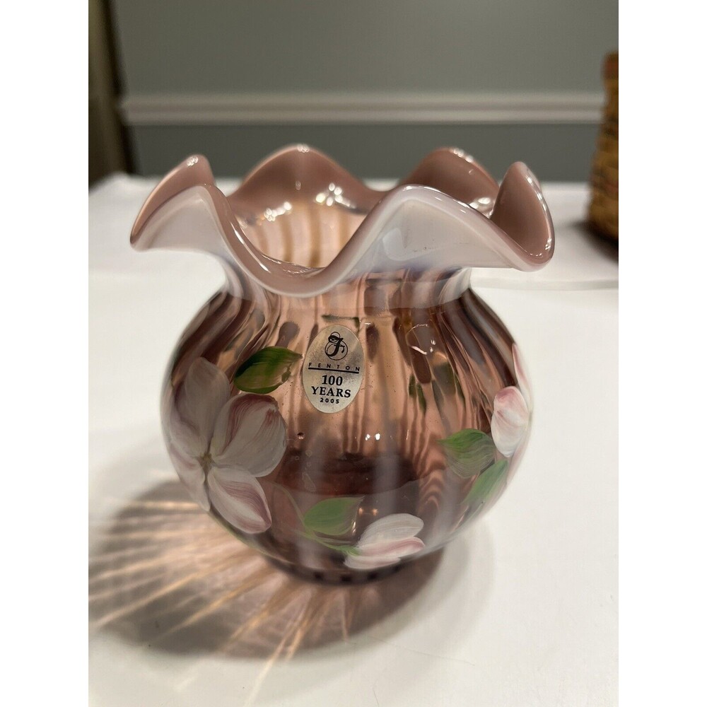Fenton 100 Years Melon Shaped Amethyst Hand Painted Signed Vase Original Sticker